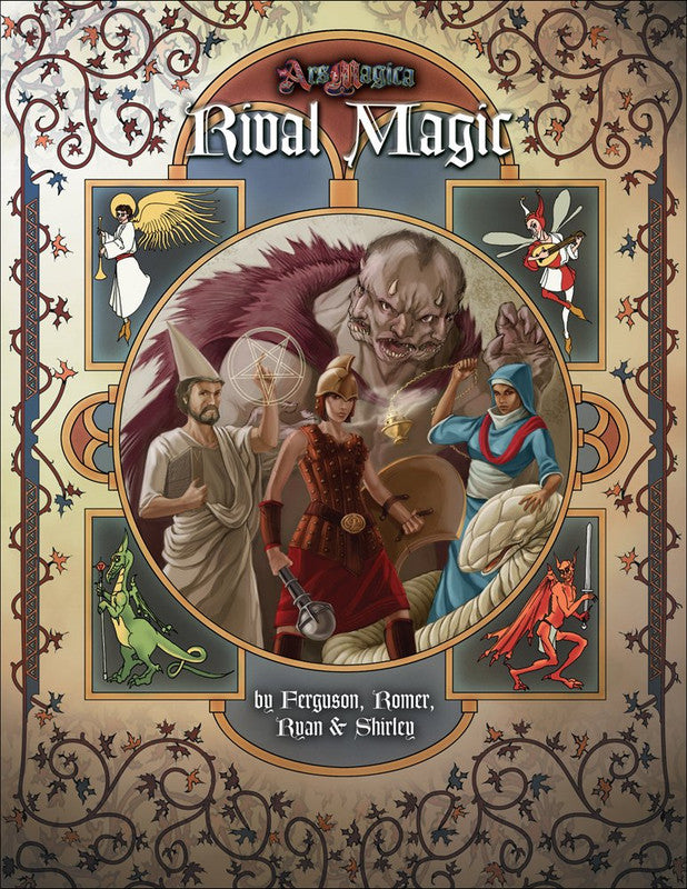 Ars Magica Fifth Edition - Rival Magic RPG sourcebook. Medieval art: a mage, warrior, and priestess confront a demon, with mythical figures