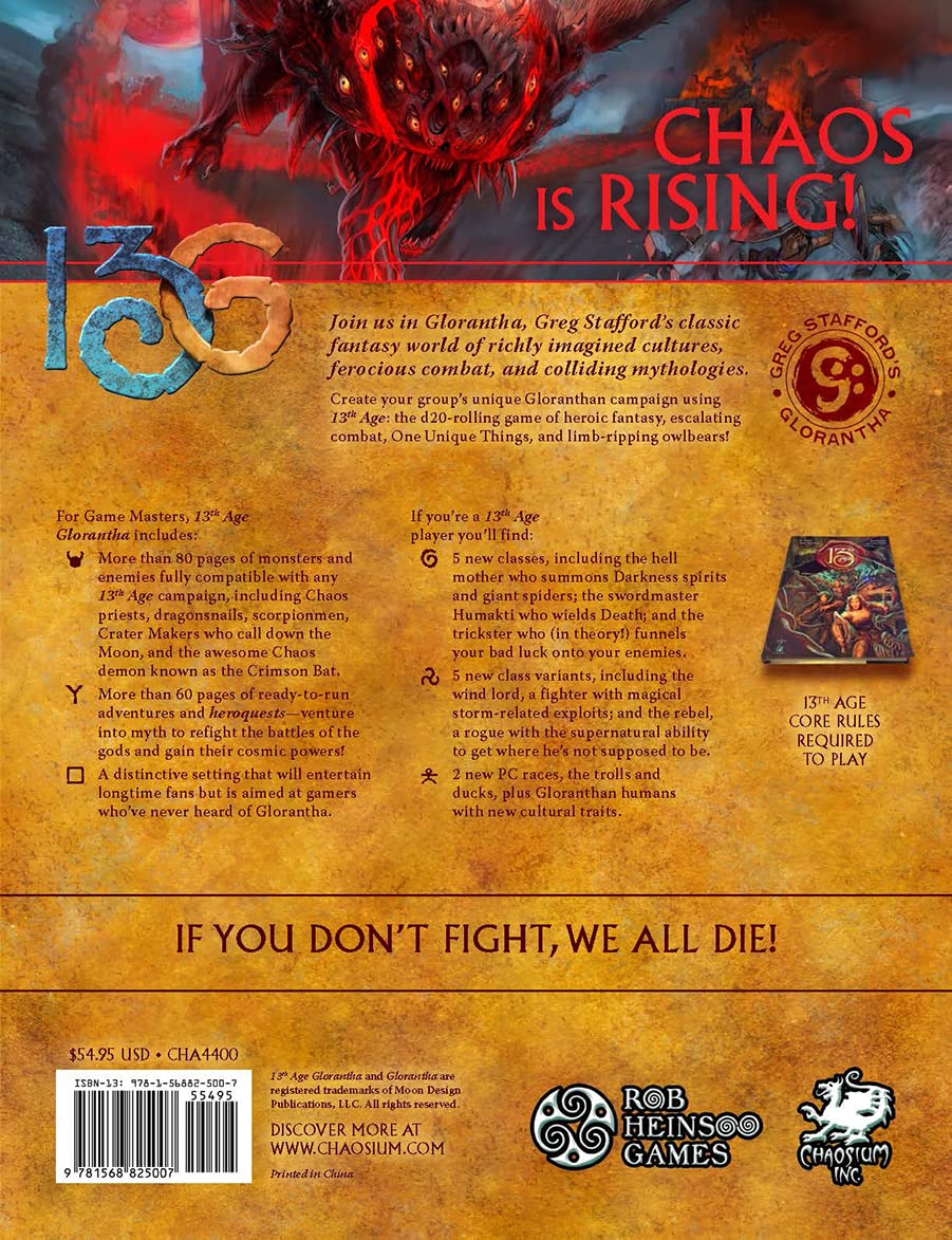 Cover for 13th Age Glorantha RPG shows a menacing red multi-eyed demon rising above "CHAOS IS RISING!" text.
