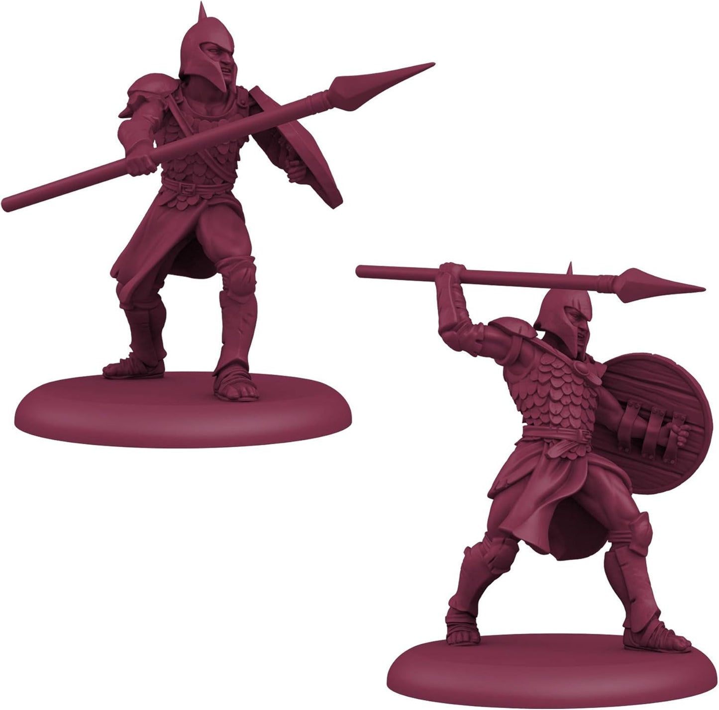 Two maroon armored warrior miniatures with spears and shields, one stands ready, the other winds up to throw its spear