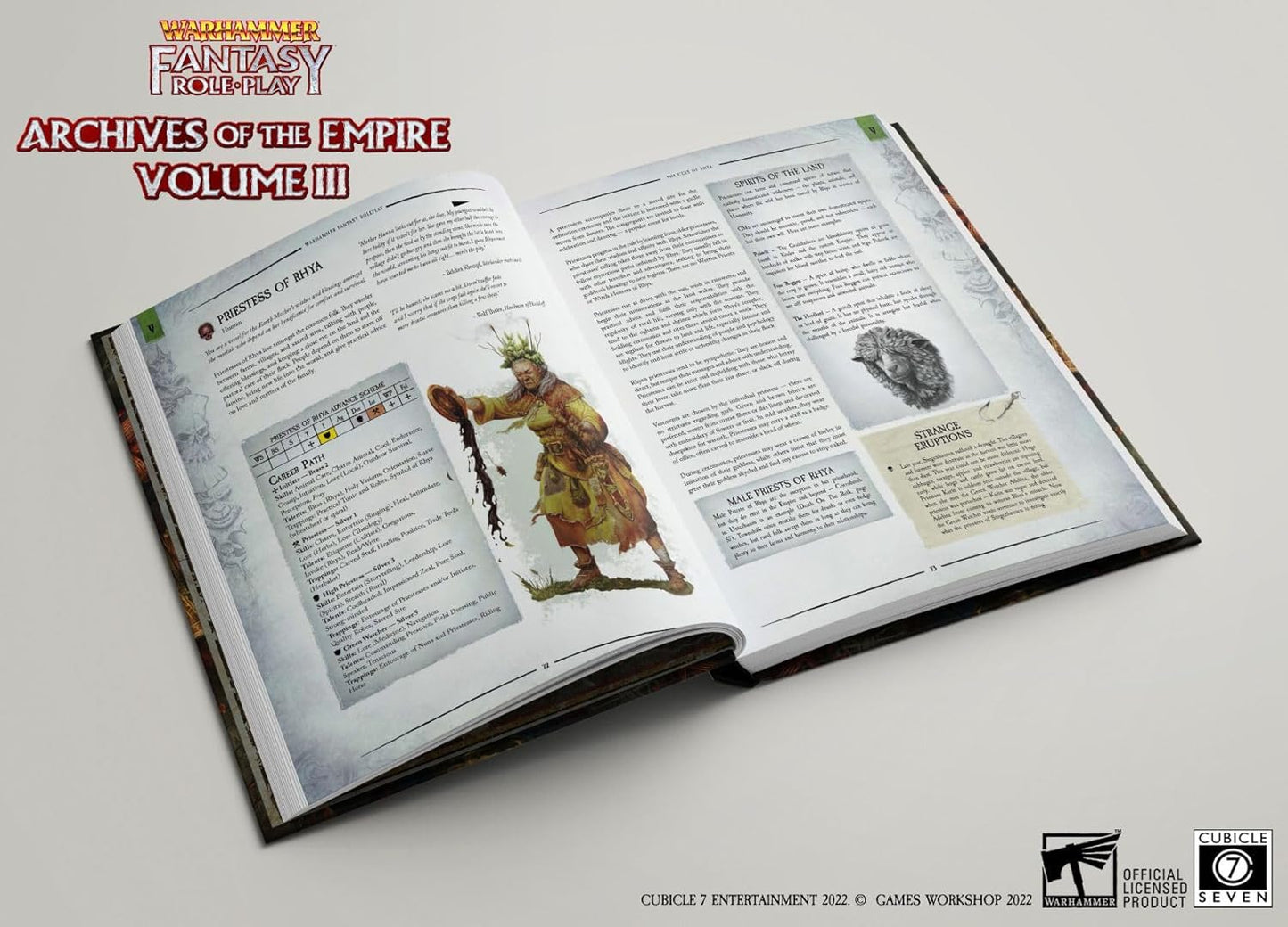 An open Warhammer RPG book displaying a "Priestess of Rhya" with a leafy crown, holding a dark braided object