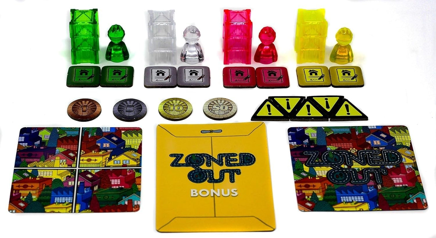 Colourful Zoned Out board game components: plastic meeples, towers, number tokens, exclamation marks, and cityscape tiles.