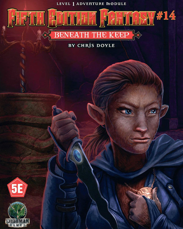 A dark-furred, elf-eared female humanoid in a dungeon holds a glowing dagger, her blue eyes fixed intently sideways