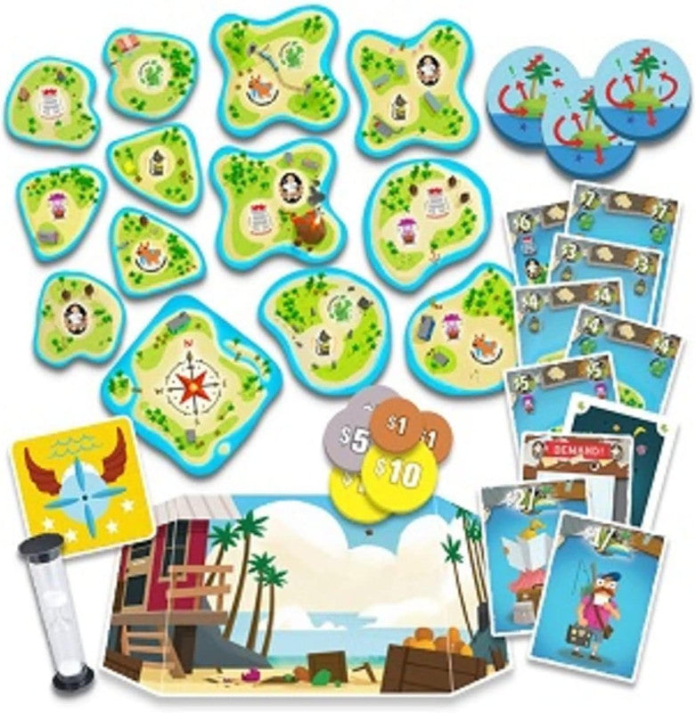 A collection of colorful game pieces including shaped island tiles with illustrations round coins cards with character art a rule book and a small hourglass