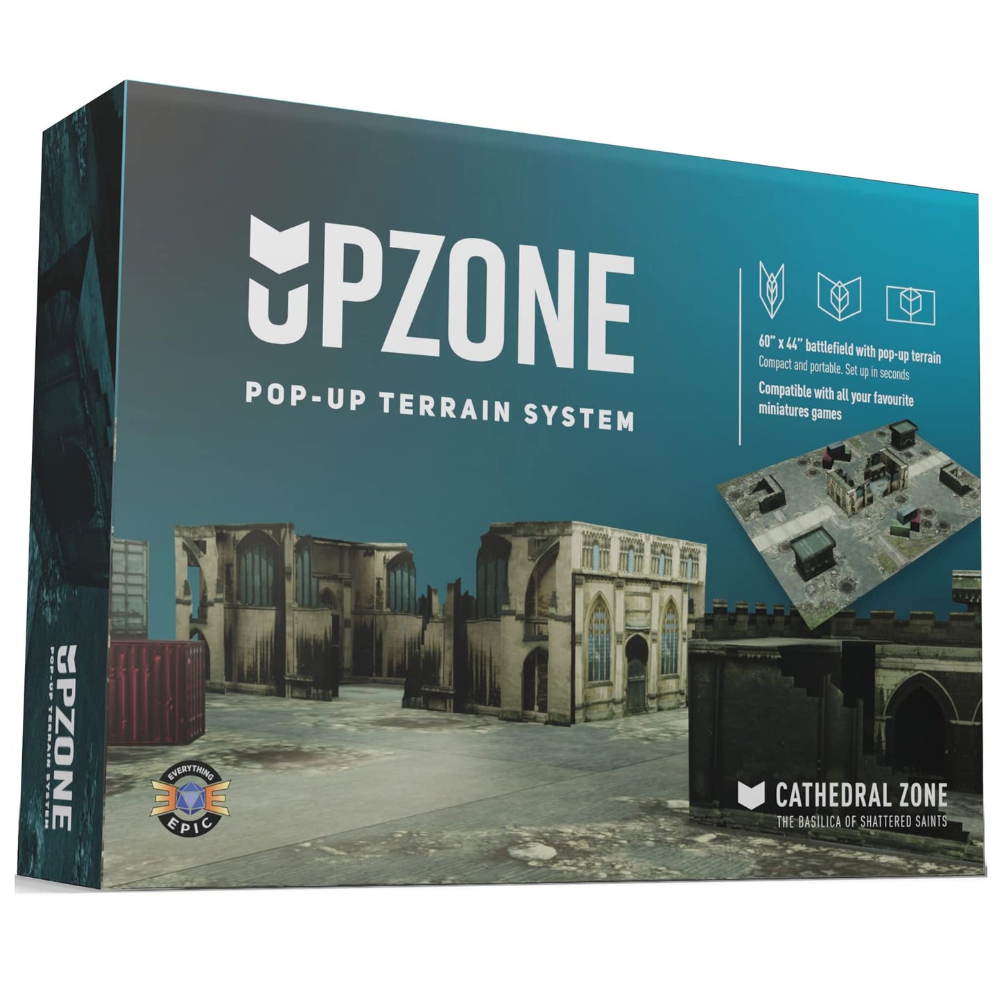 An Upzone - Cathedral Zone box displaying ruined cathedral terrain and details about a pop-up miniature game battlefield