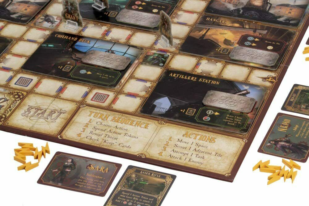 A detailed steampunk board game setup, featuring character cards like "Sara," yellow lightning bolt tokens, and various board sections