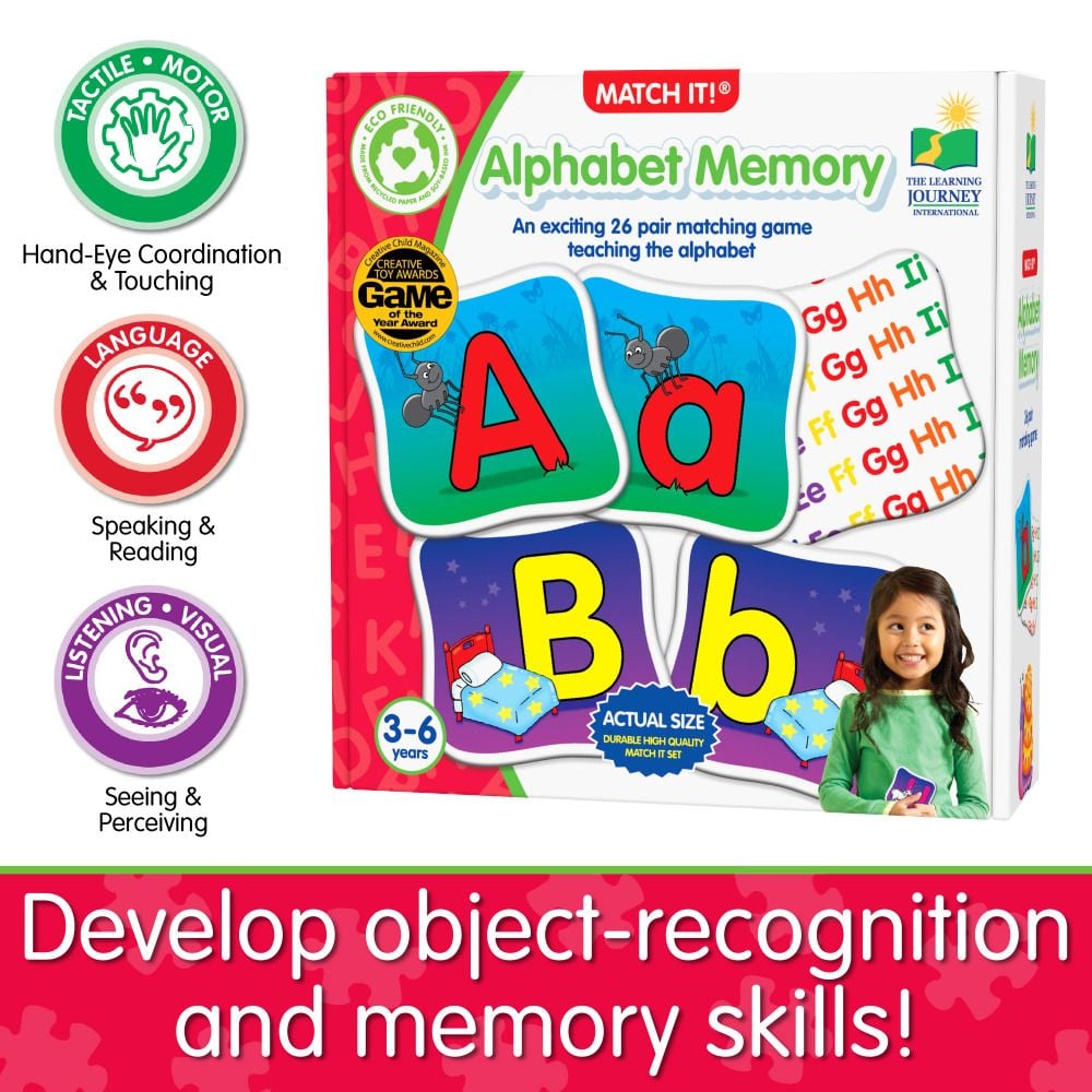 Educational MATCH IT! Alphabet Memory matching game box, features colourful A/a and B/b letter cards, promoting object recognition and memory skills for ages 3-6