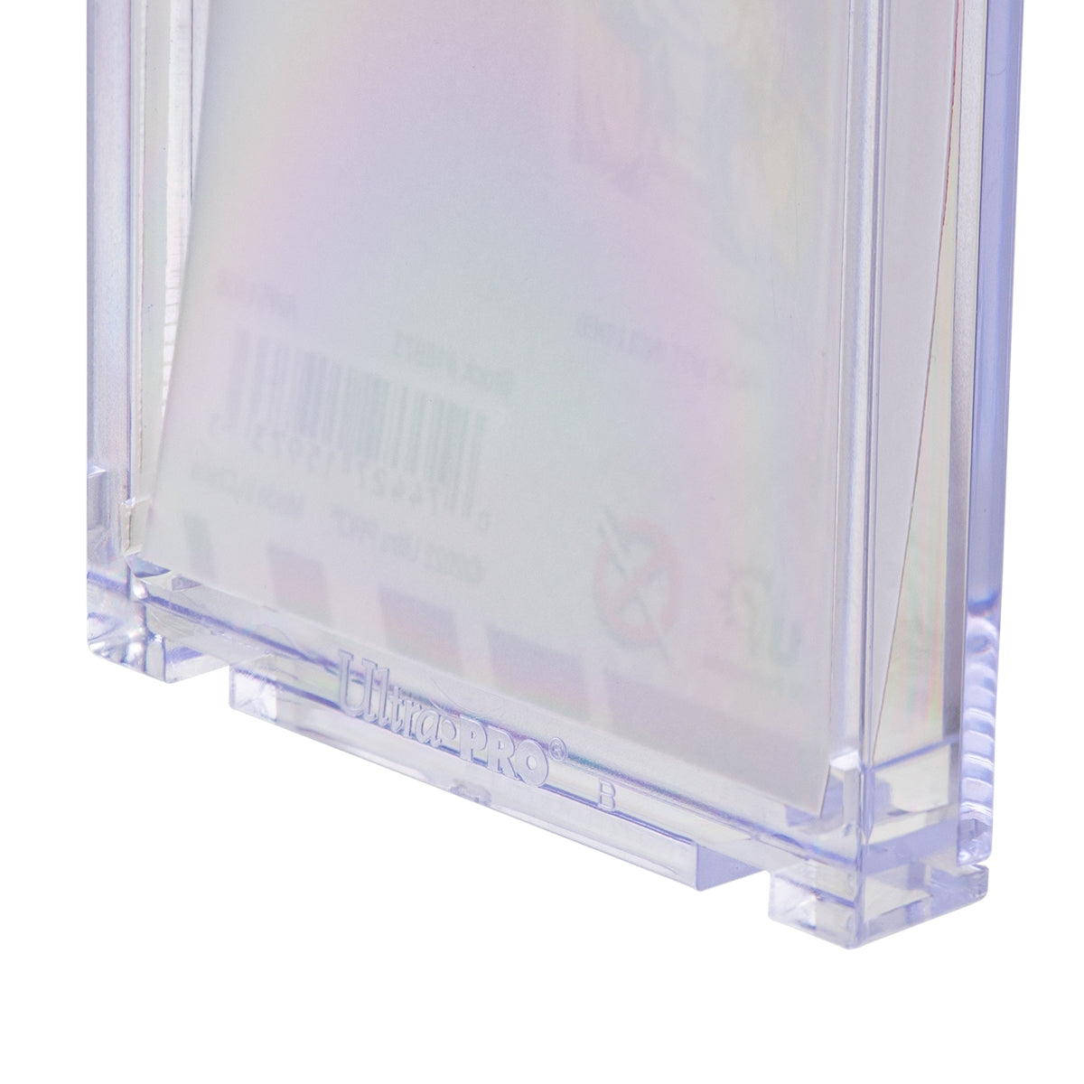 A clear Ultra Pro One Touch case holds a booster pack, with a barcode and faint text visible through the plastic