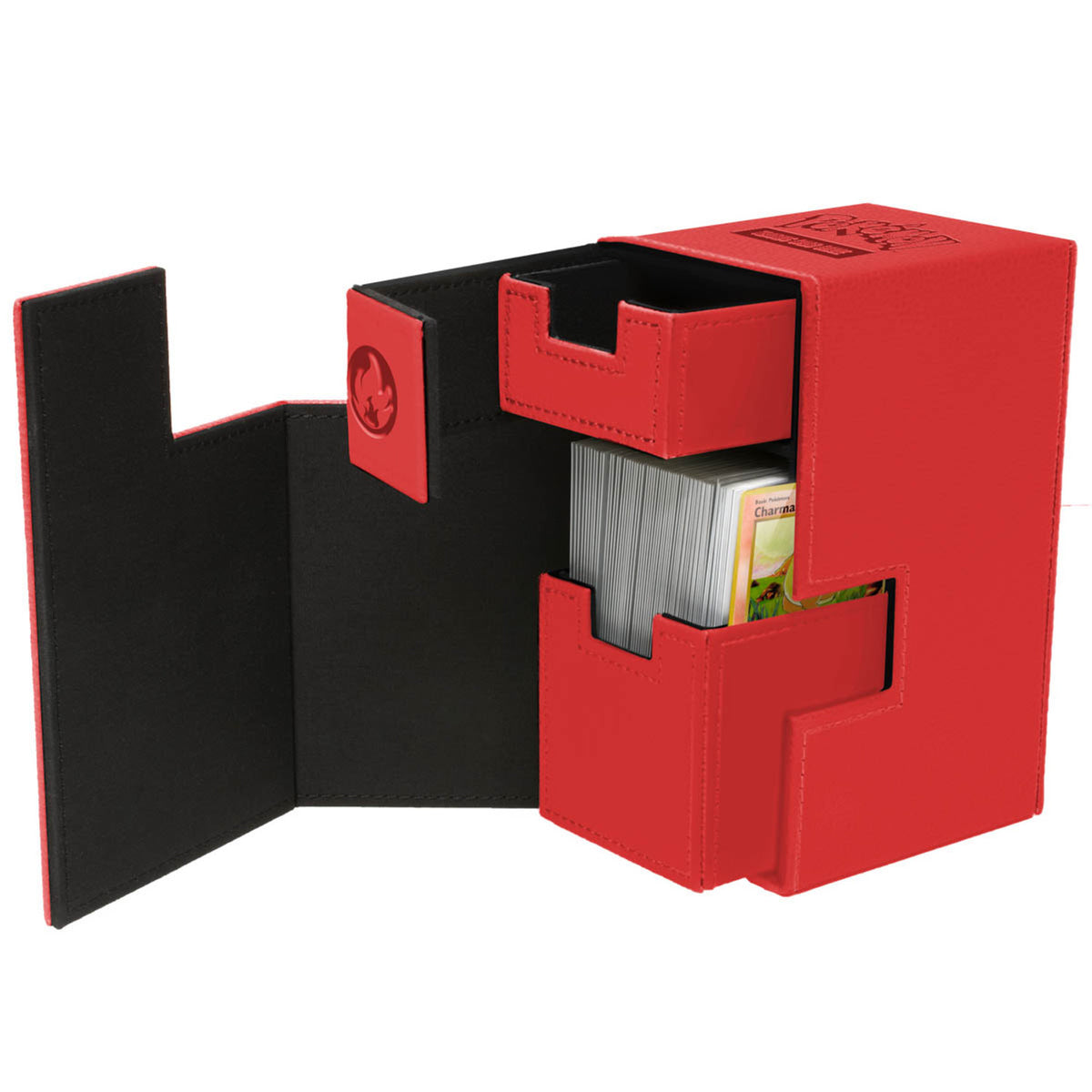 Open red deck box containing stacks of trading cards in pull-out compartments