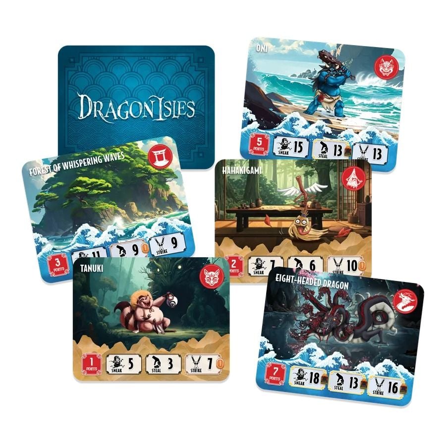 Six square Dragonisles game cards are scattered showing detailed artwork of Japanese mythological creatures like the Tanuki and a blue Oni alongside associated combat statistics