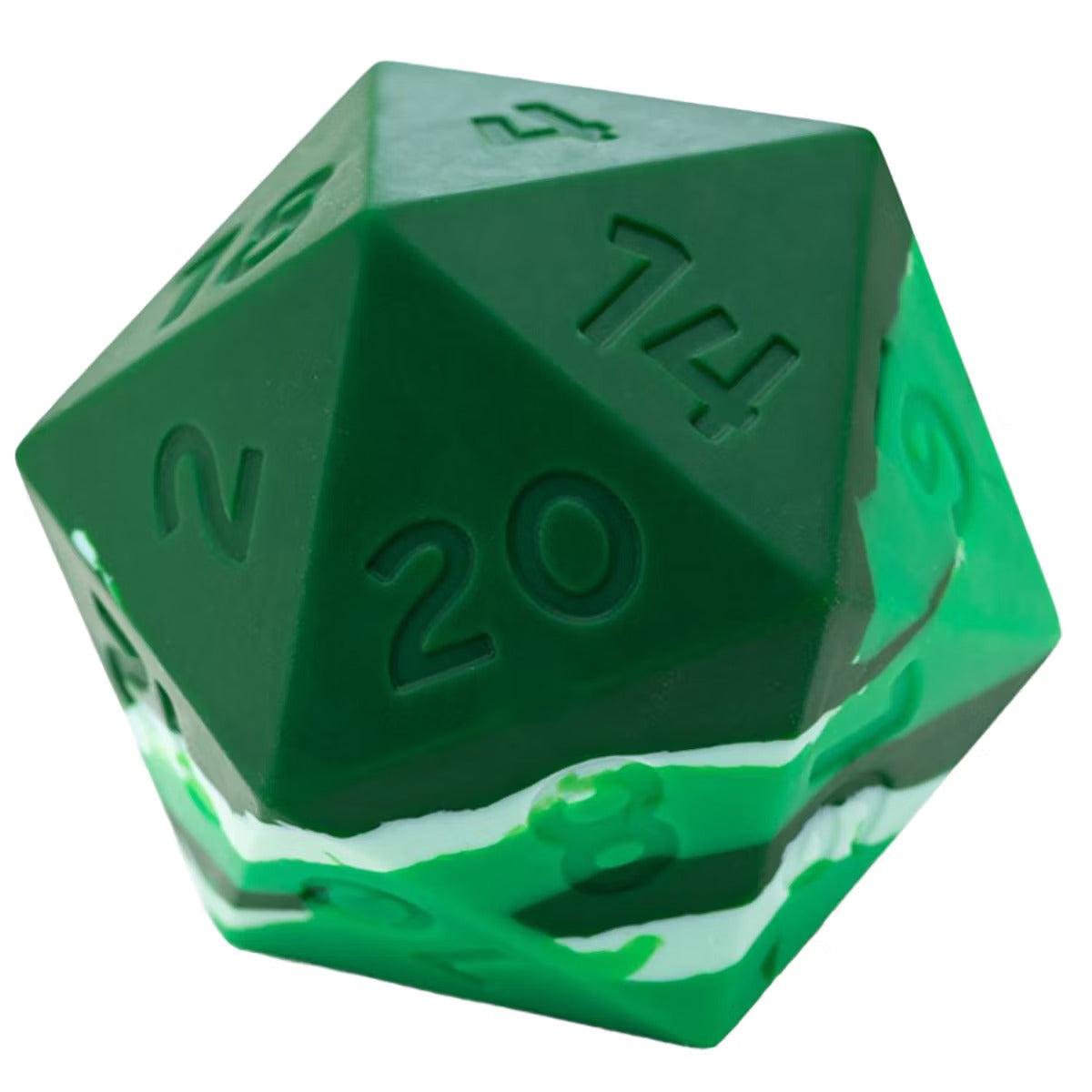 A D20 die, dark green on top, marbled with lighter green and white on the bottom, displaying numbers 2, 20, and 14