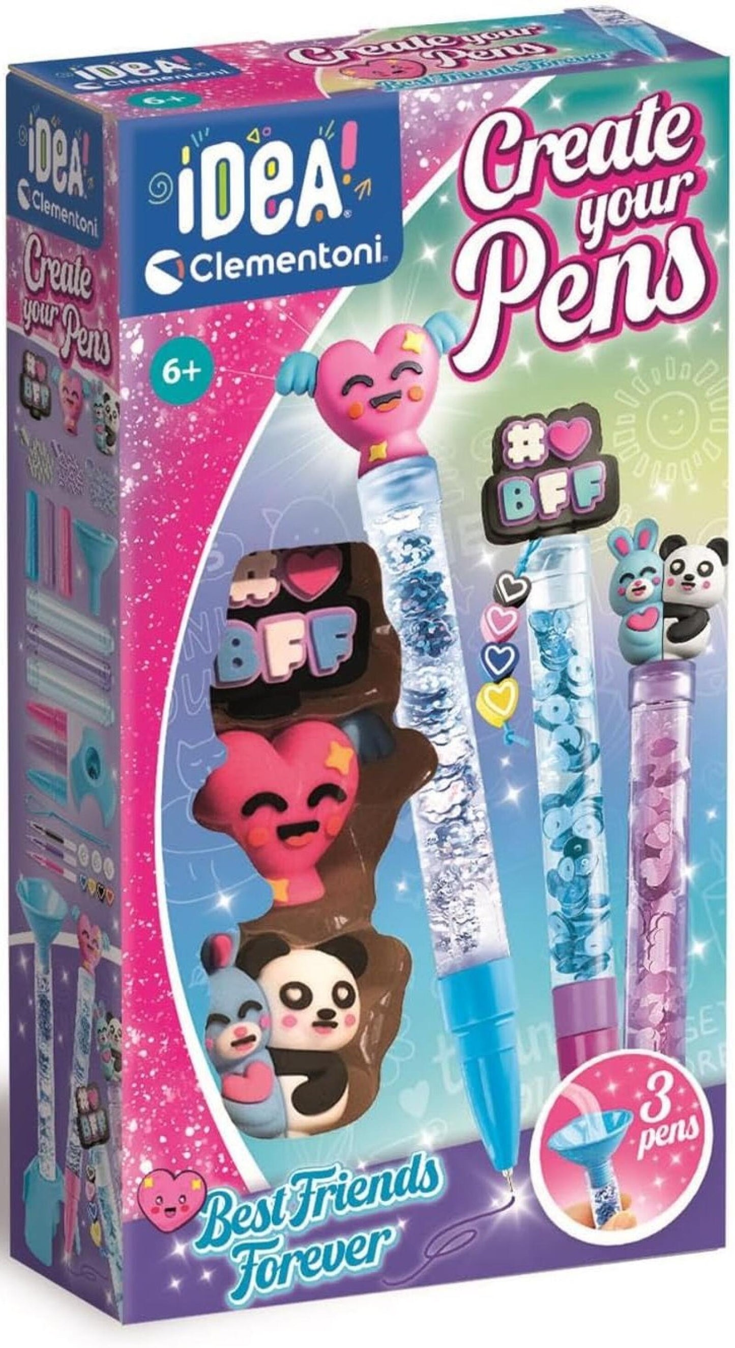 Clementoni "Create Your Pens" kit box with three customizable glitter pens, featuring heart, bunny, and panda toppers