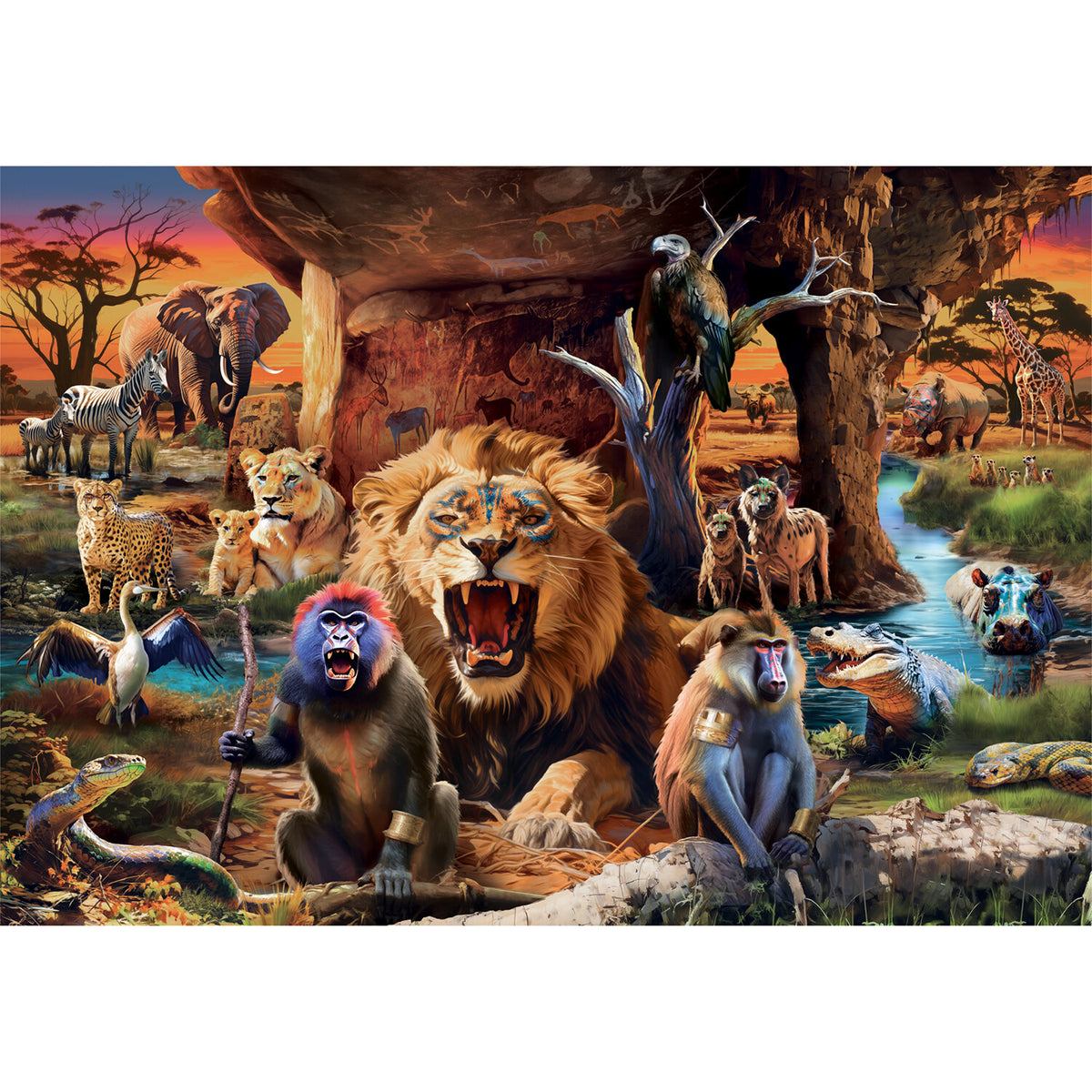 A Clementoni The Tribal Society 1500 piece puzzle image shows a roaring lion, baboons, elephants, and many other African animals in a savanna scene with rock art