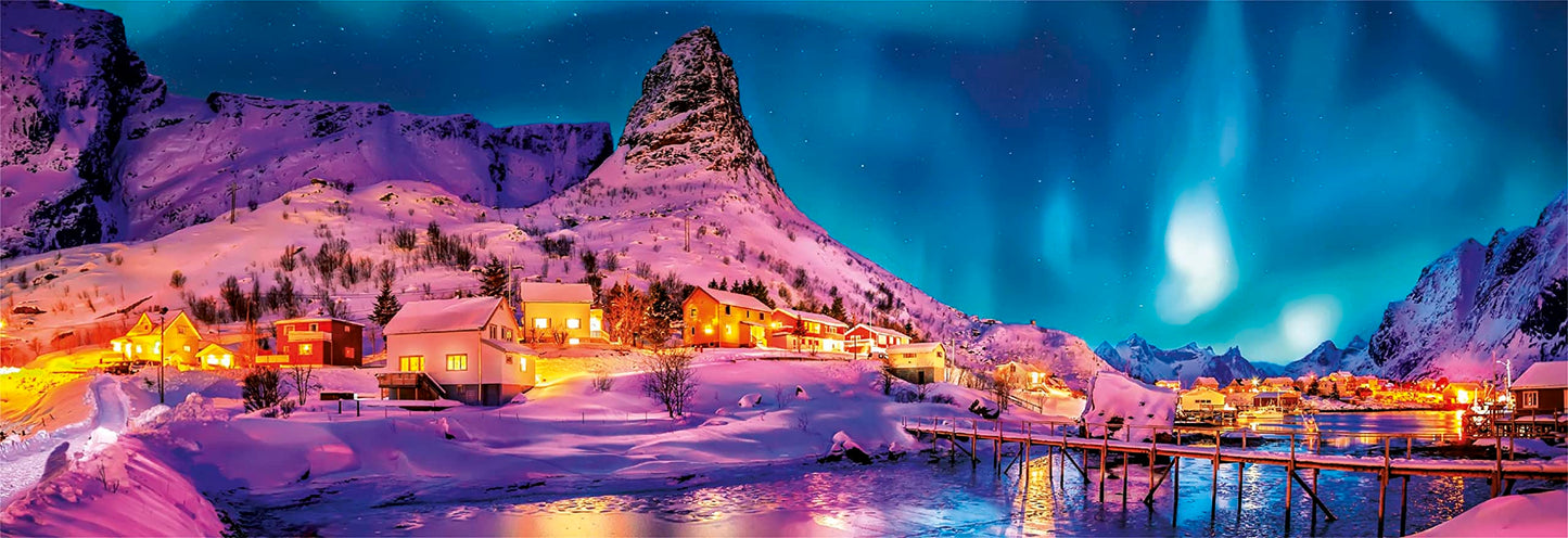 Clementoni panorama puzzle of a vibrant winter night in Lofoten Island Norway featuring snow-covered mountains colorful houses and aurora borealis