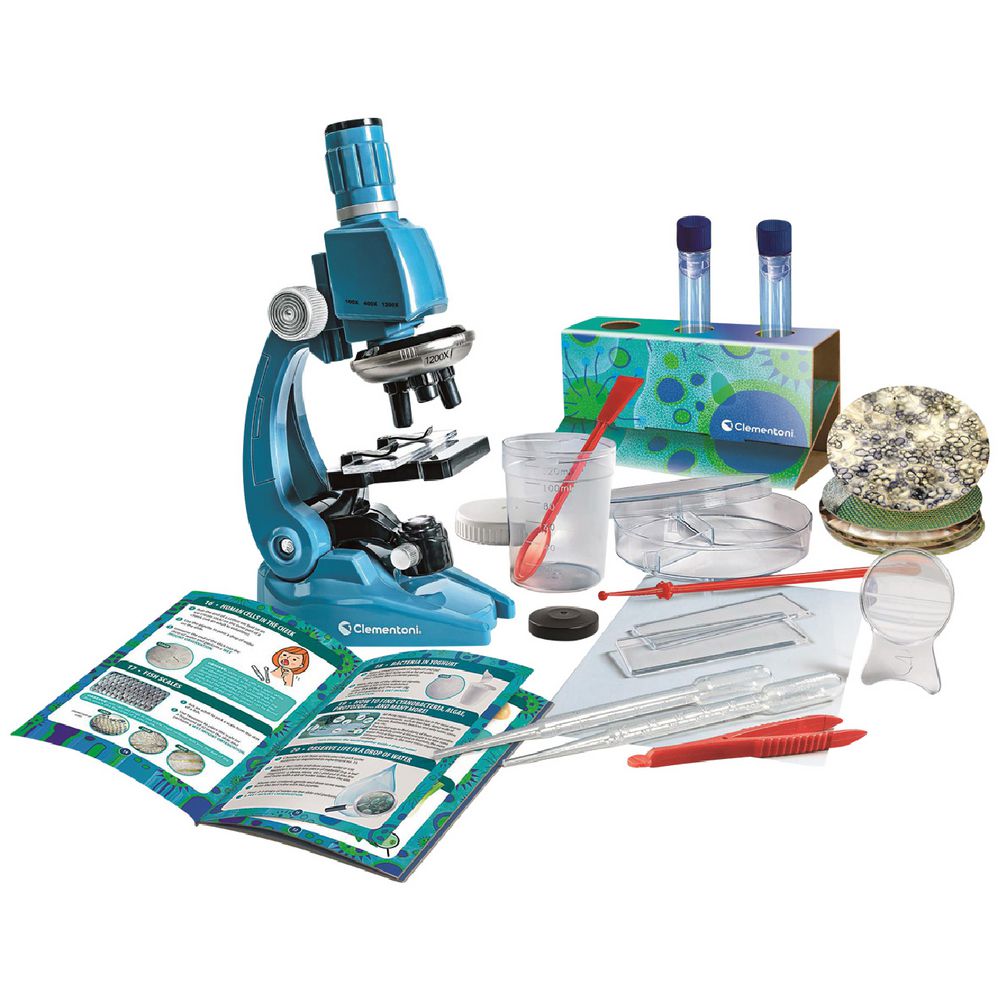 Clementoni Science and Play Super 1200x Microscope Experiment Kit in blue with petri dishes test tubes and instruction manual