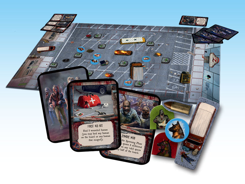A zombie Terror board game showing a street map, character and item cards like "First Aid Kit," and zombie/dog tokens