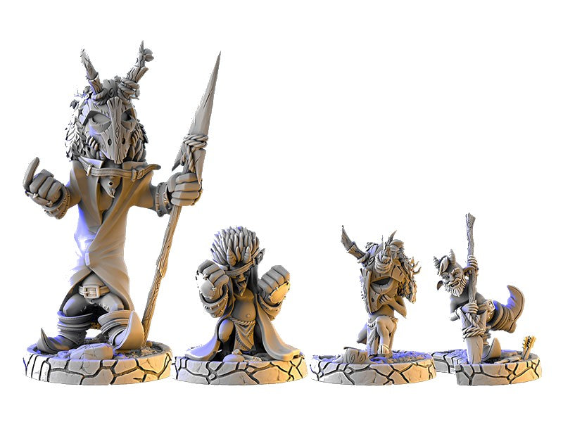 Four fantasy figures standing on stone bases against white
