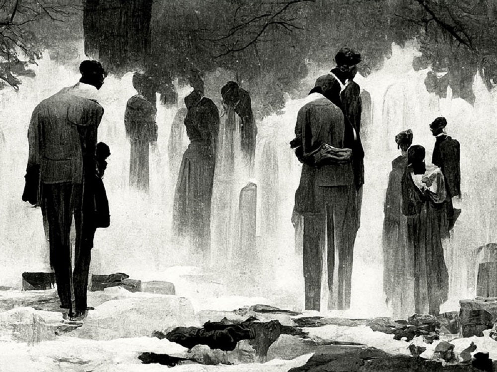 Black and white drawing of figures in dark clothing standing in heavy mist and waterfalls, appearing surreal and ghostly