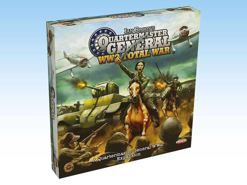 Quartermaster General WWII Total War game box art: a general on horseback leads tanks, planes, and infantry in a chaotic battle