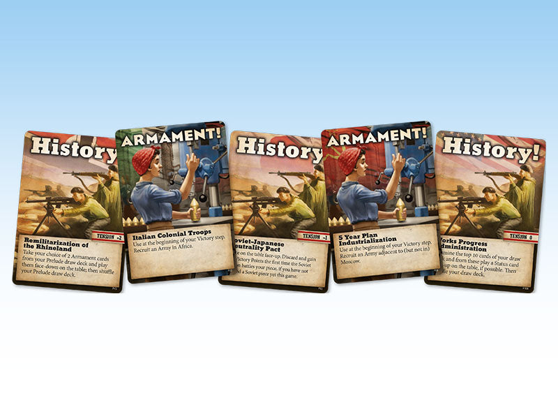 Five fanned-out historical board game cards depicting soldiers and a woman operating industrial machinery