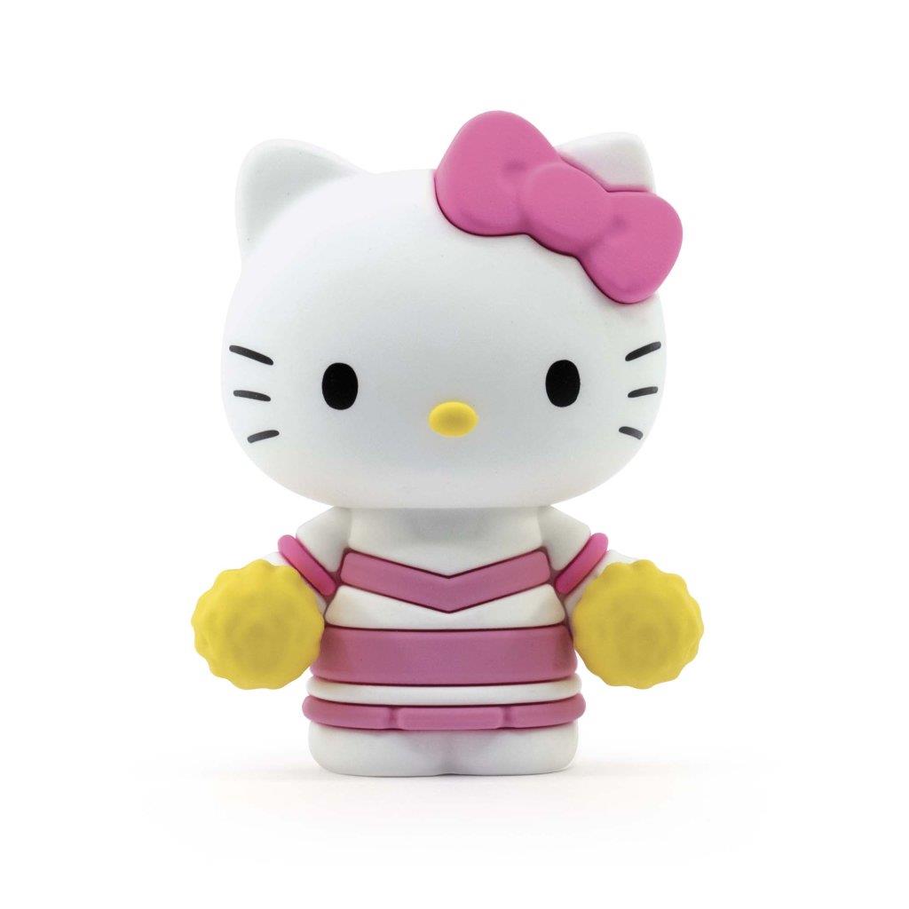 Hello Kitty vinyl figure with a pink bow, pink striped outfit, and yellow pom-pom hands