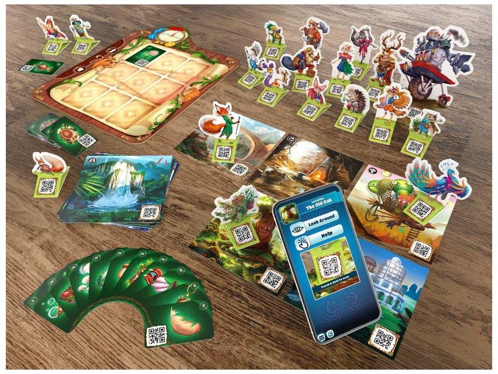 Kids Chronicles The Old Oak Prophecy board game pieces and phone app display on wood surface