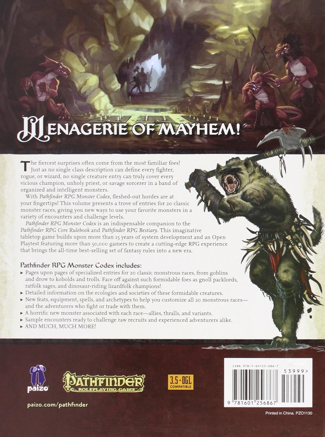 A gnoll monster roars, raising an axe in a cave with other fantasy creatures