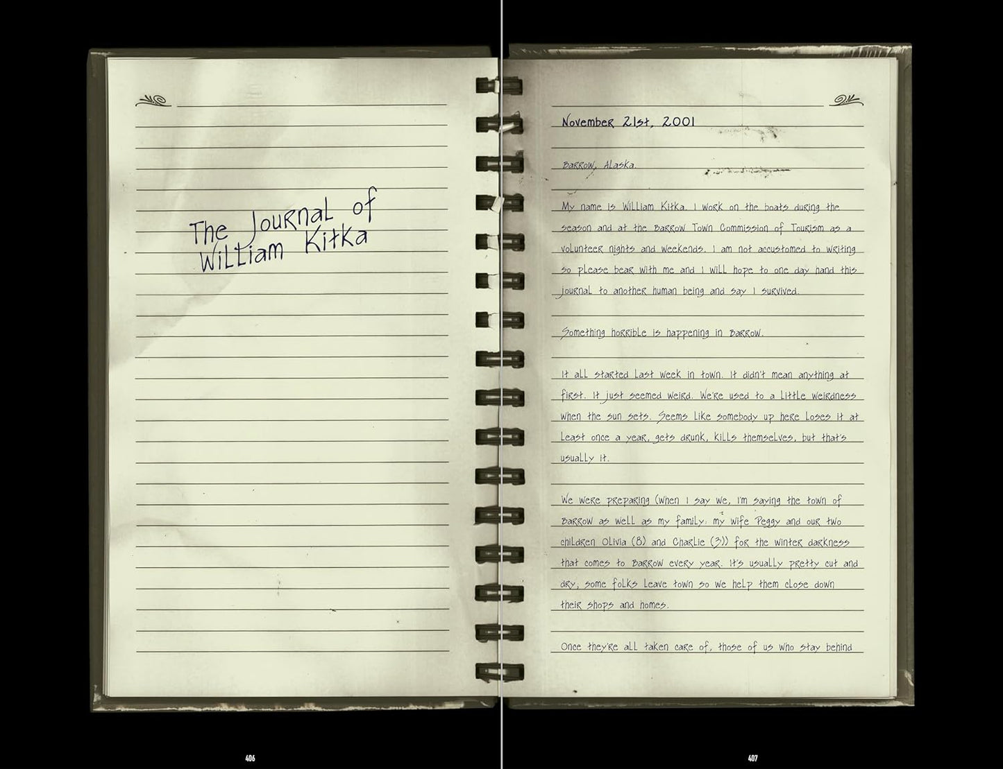 An open journal shows "The Journal of William Kitka" on the left page and a handwritten entry from Nov 21 - 2001