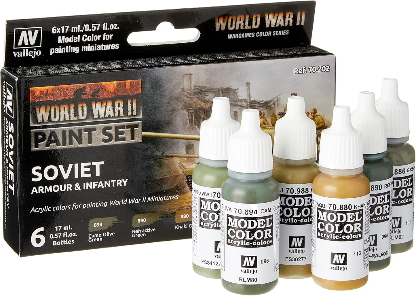 Vallejo World War II Soviet Armour and Infantry miniature paint set, with box and six acrylic bottles
