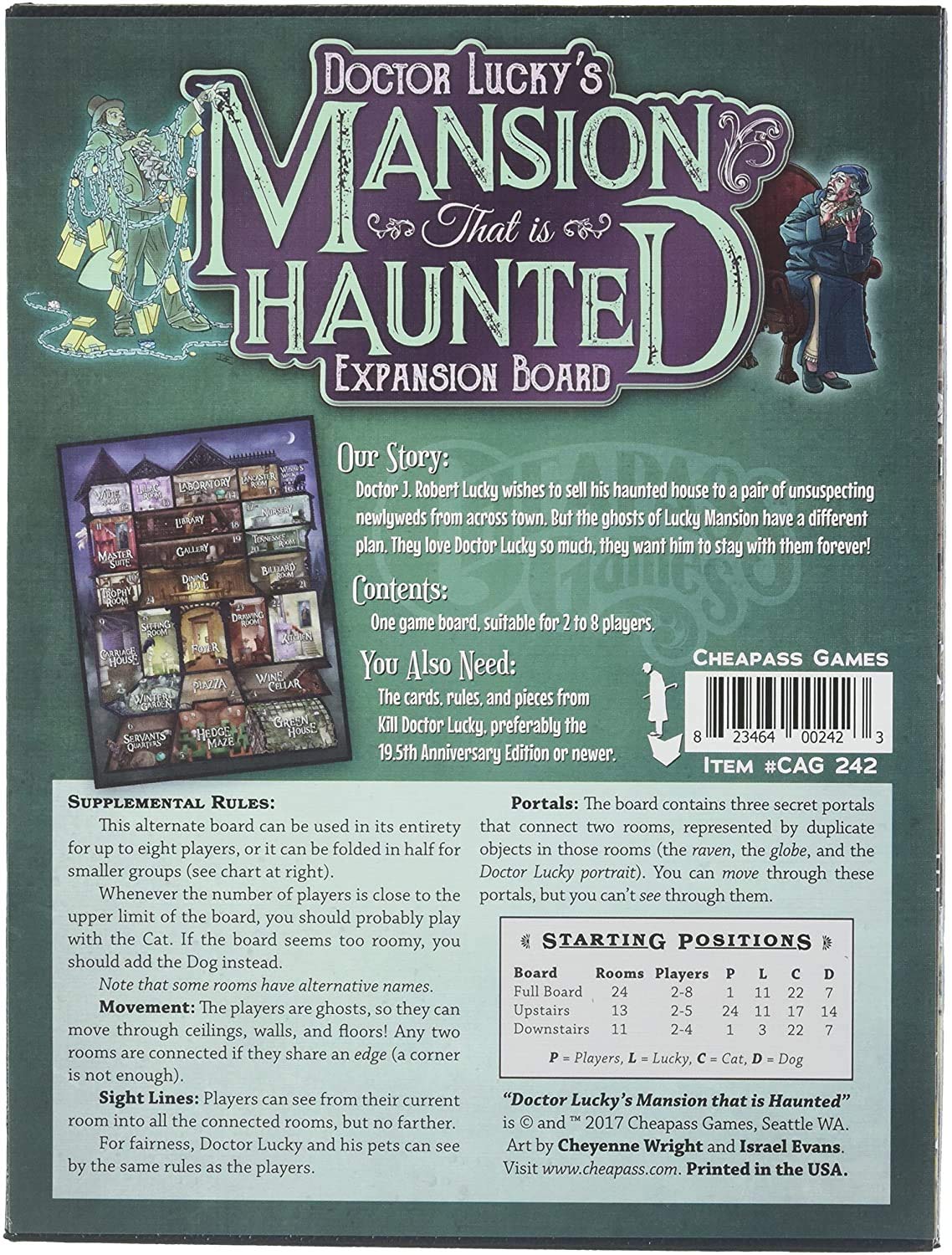 Box cover for "Doctor Lucky's Mansion That Is Haunted" expansion board game. A chained ghost and a seated woman flank the title