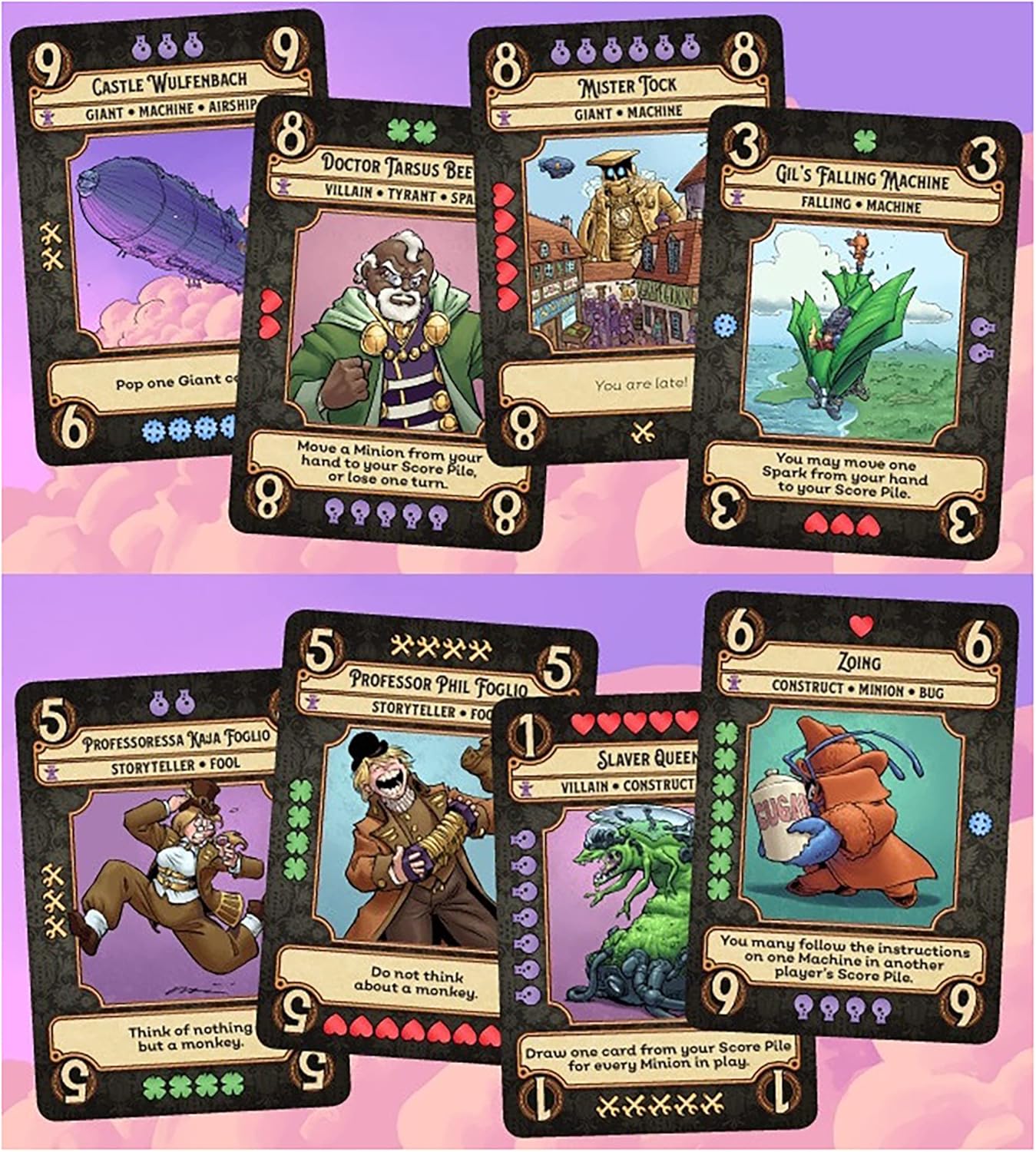 Eight overlapping steampunk-style game cards, featuring diverse characters, machines, and creatures like an airship and robots