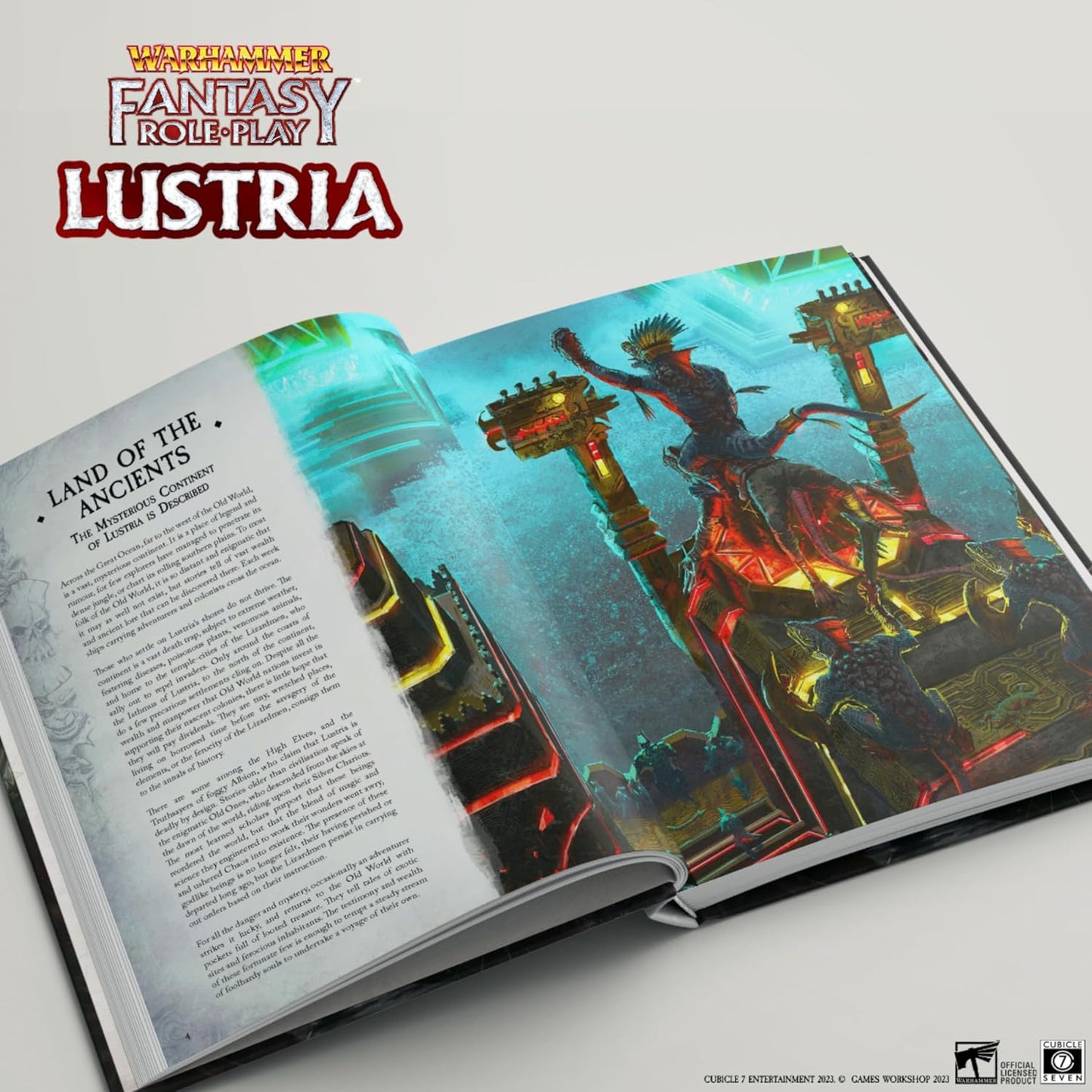 Open Warhammer Fantasy Role-Play: Lustria book with a reptilian warrior leaping in a glowing, ancient temple