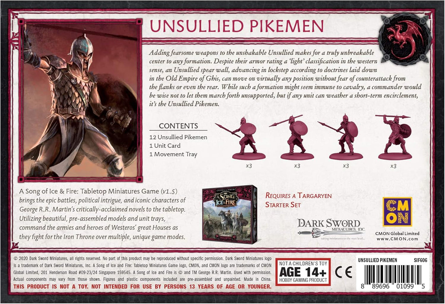Game product card: An armored Unsullied Pikeman with spear and shield, next to four unpainted miniatures of the same