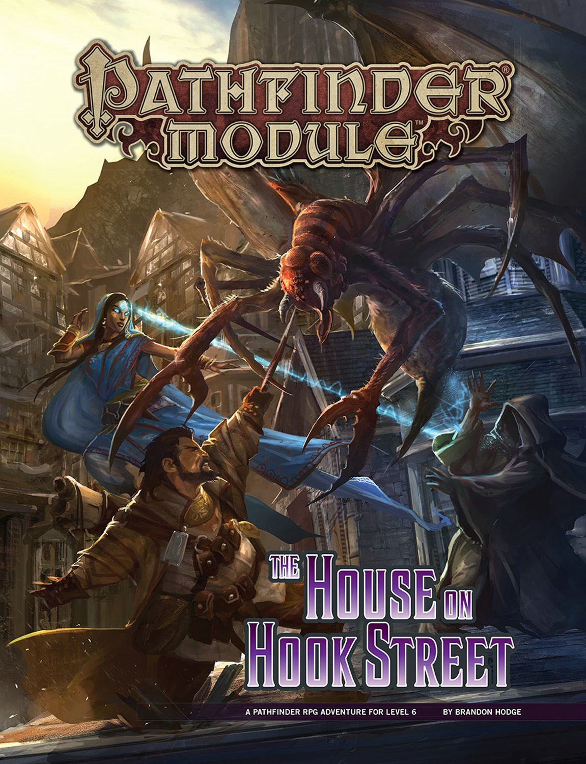 Pathfinder Module: Heroes battle a huge winged insectoid monster with magic and weapons on a dark city street.