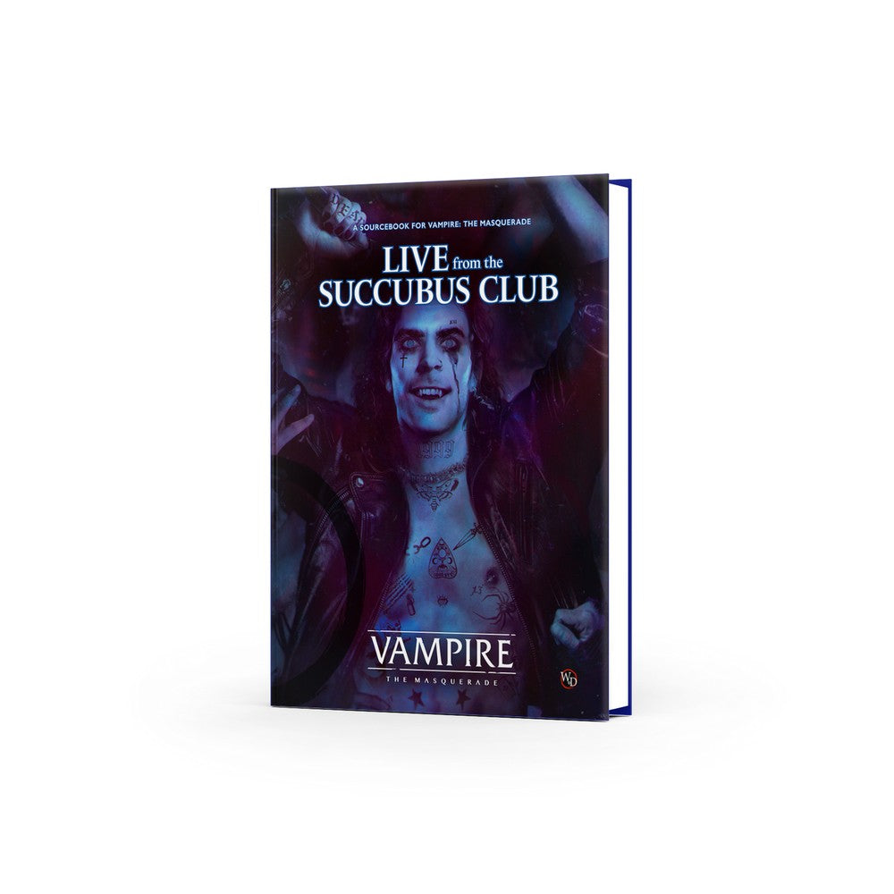 Vampire The Masquerade 5th Edition Live from the Succubus Club sourcebook showing a pale male vampire figure with dark makeup and fangs