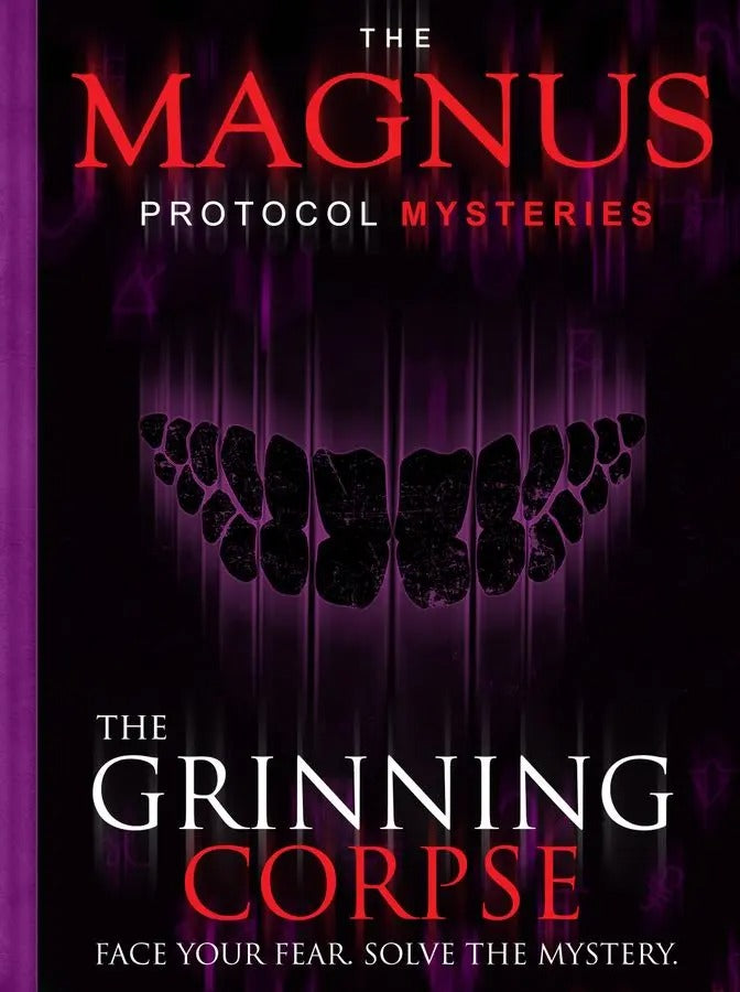 Horror book cover, The Grinning Corpse, black, distorted teeth grin over a dark, purple vertical light pattern