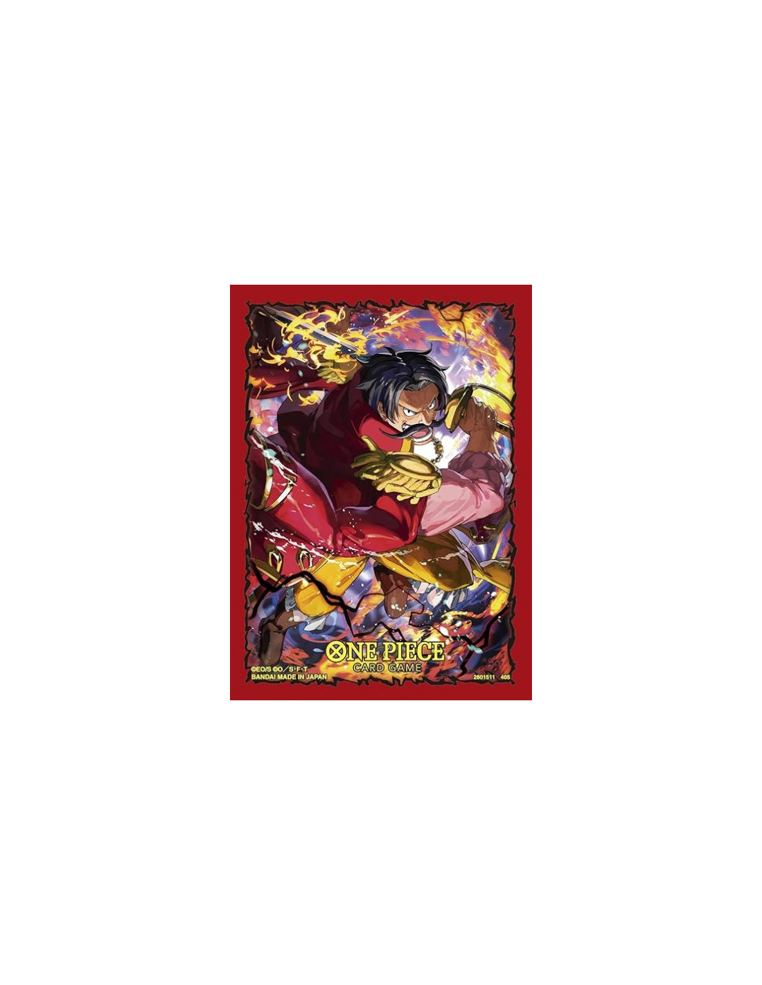 One Piece Card Game sleeve art featuring Pirate King Gol D. Roger attacking amidst red flames and fire effects