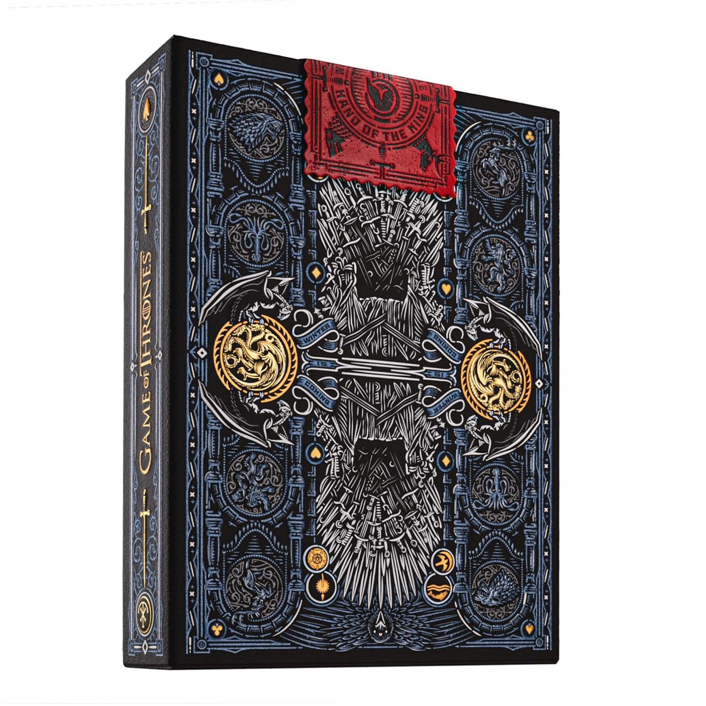 Detailed Game of Thrones playing card box featuring the Iron Throne, house sigils and a red seal