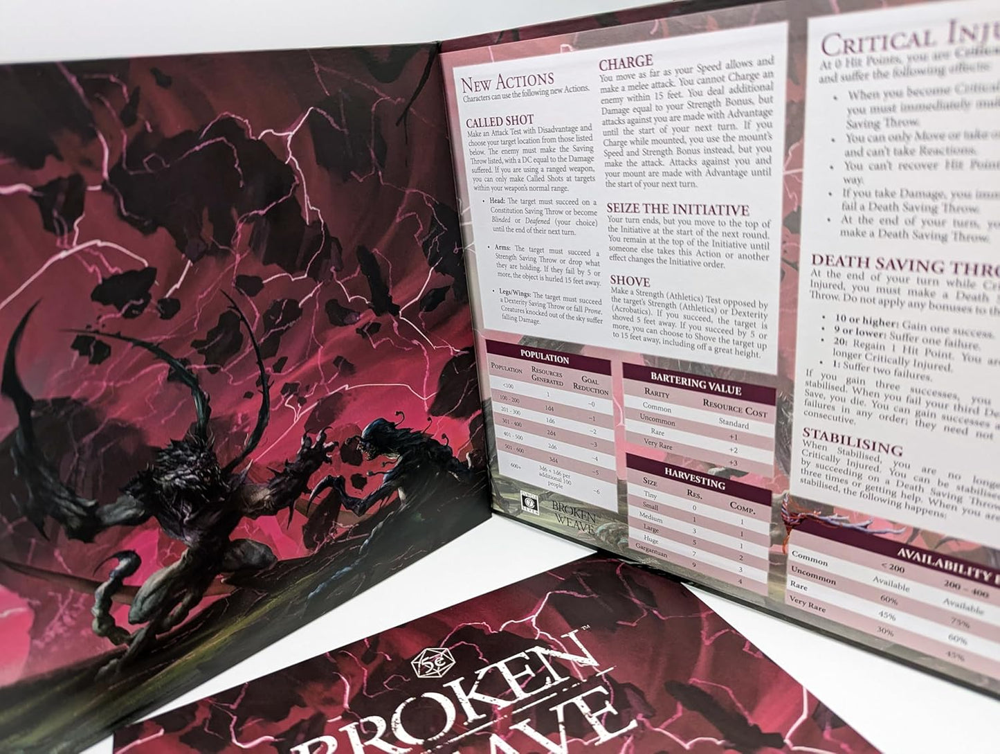 An open 'Broken Weave' rulebook shows dark fantasy art of two creatures and game rules