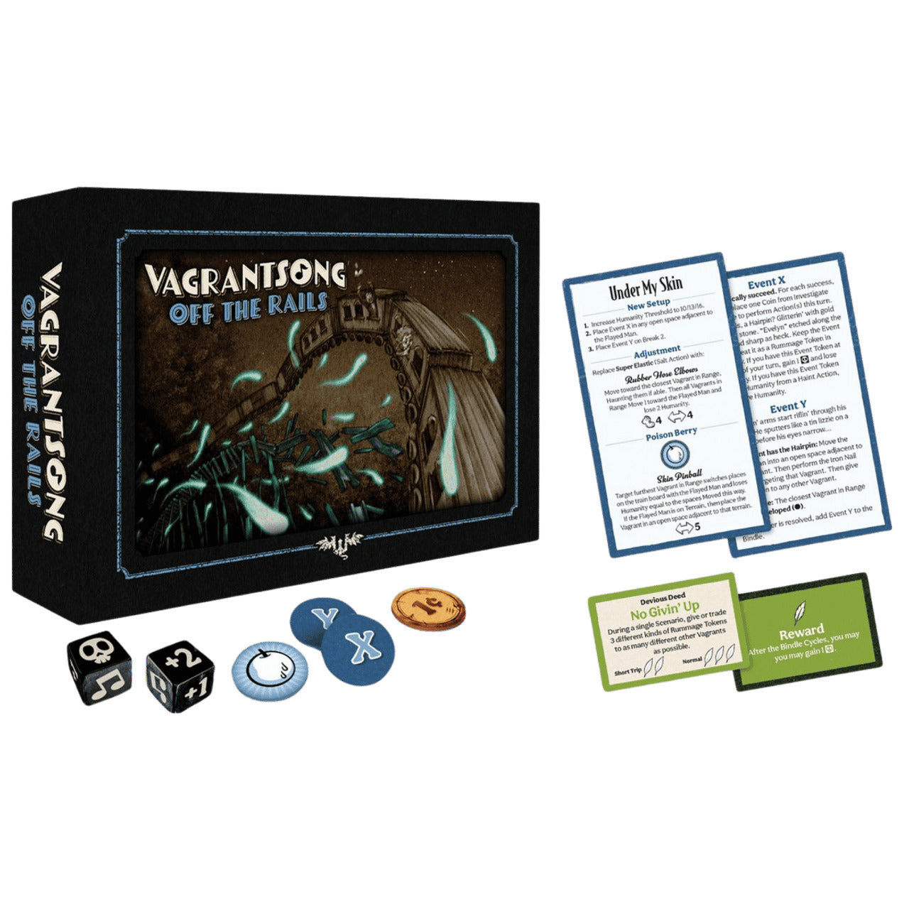 The Vagrantsong Off The Rails board game expansion box features dark artwork of a spooky bridge with glowing elements, accompanied by dice, various tokens, and game event cards