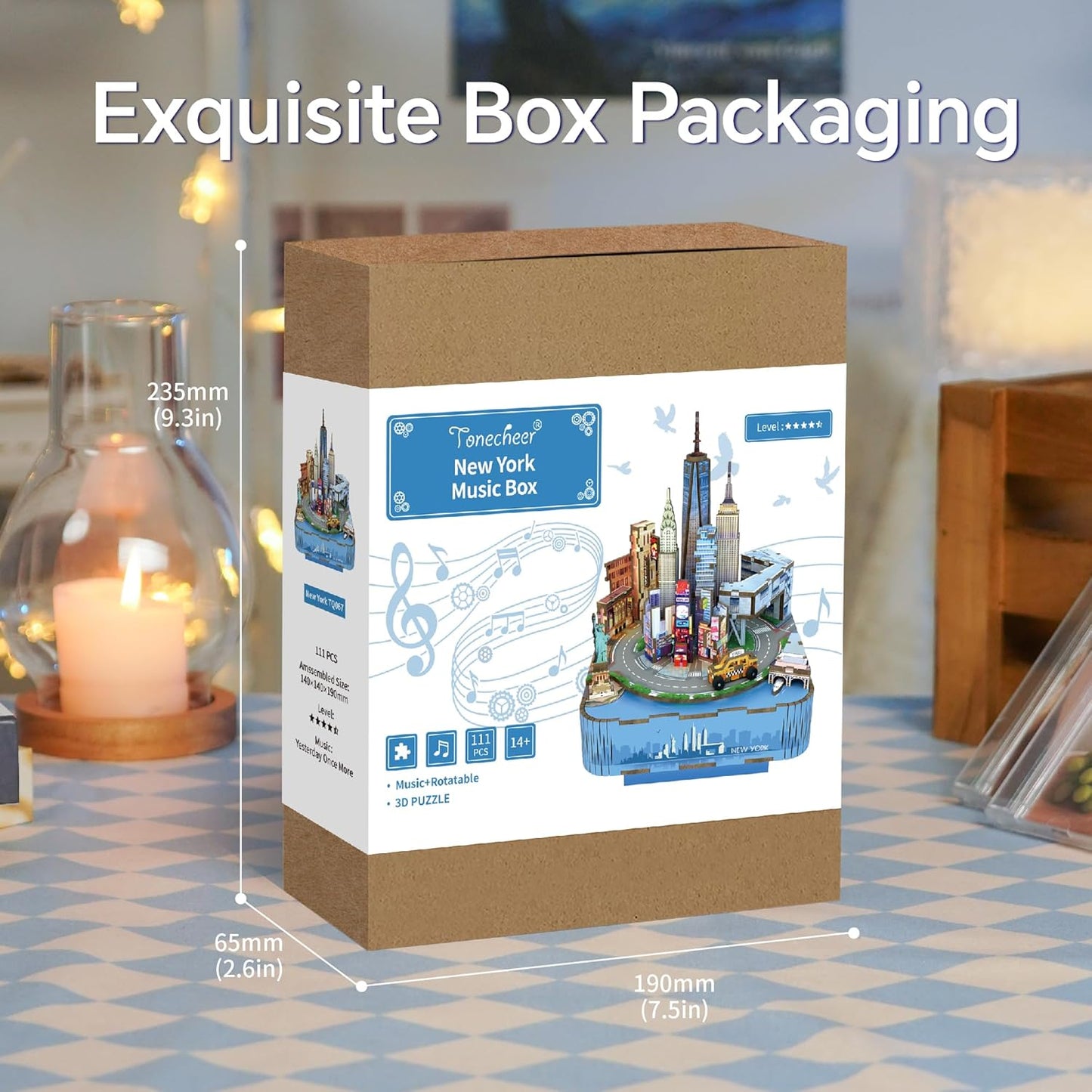 Brown box packaging showing the New York City 3D music box puzzle design and product dimensions