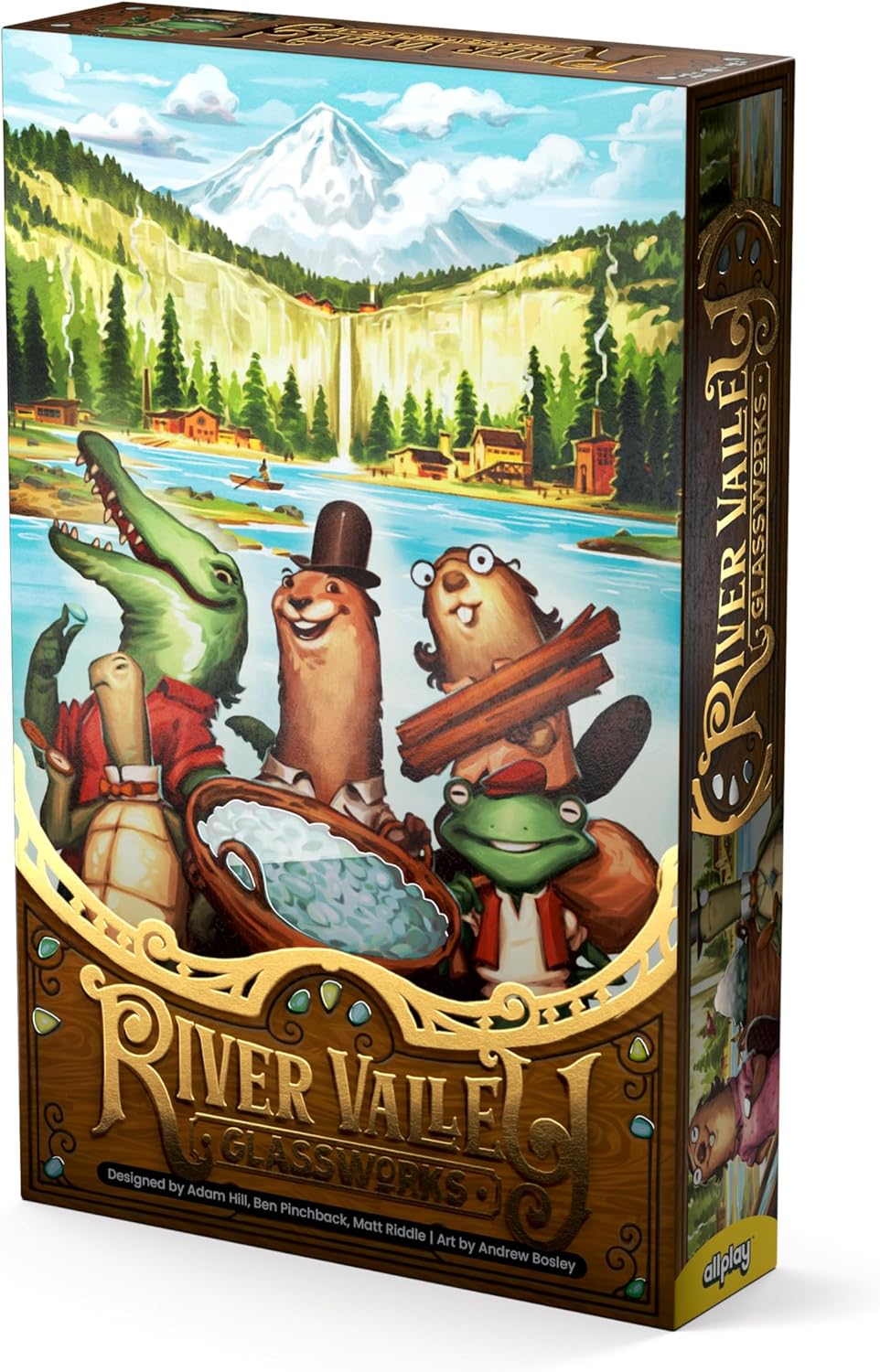 Game box art for River Valley Glassworks. Four cartoon animals transporting resources (glass, wood) near a waterfall