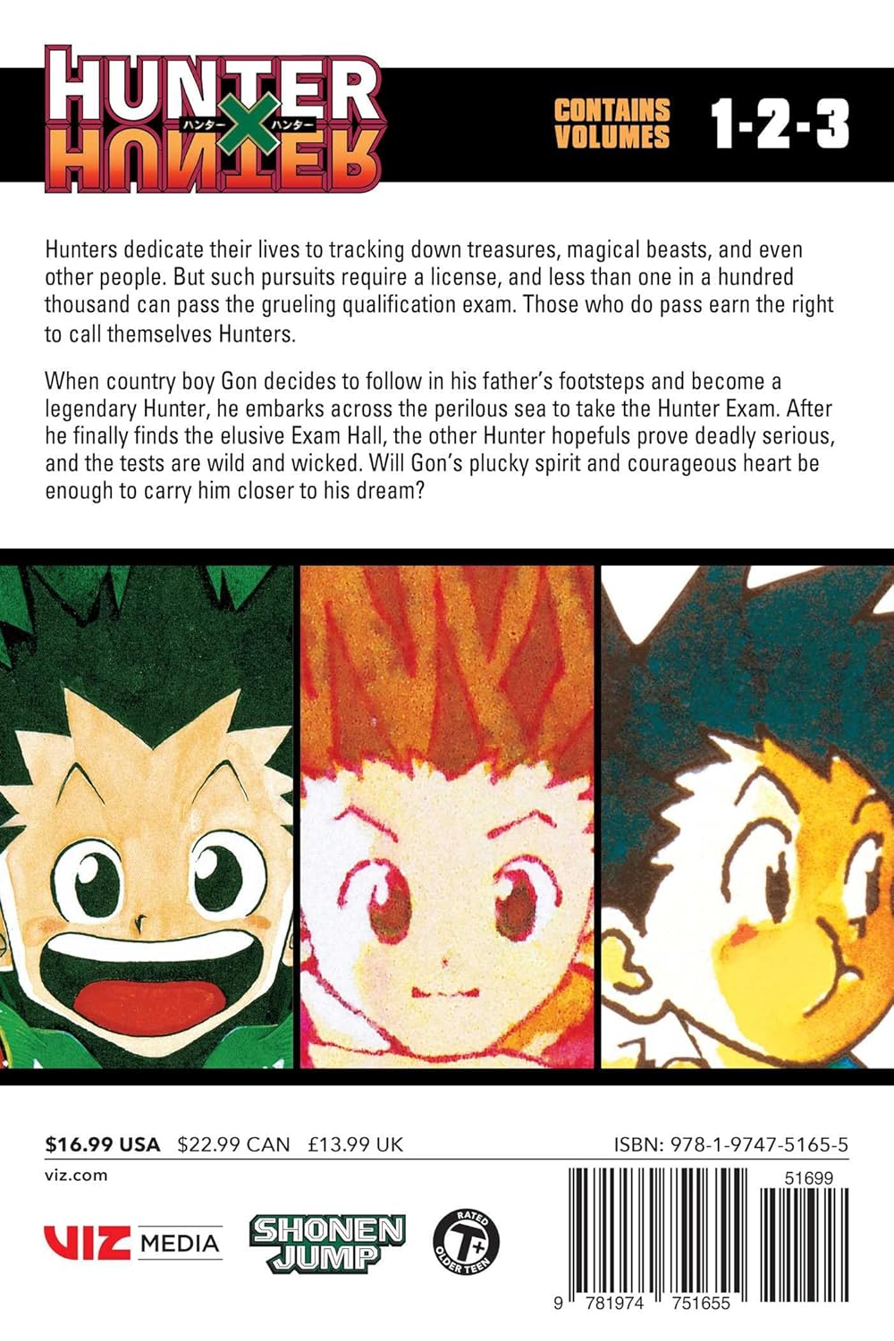Manga back cover: Hunter x Hunter Volumes 1-3 - title - synopsis - and three dynamic illustrations of protagonist Gon