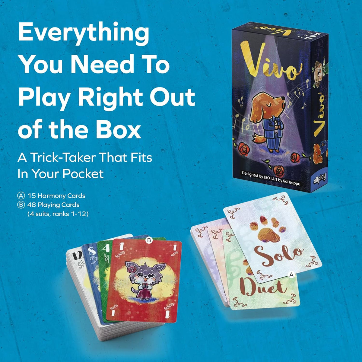 Vivo card game display: box with singing dog art and two stacks of colorful animal-themed playing cards