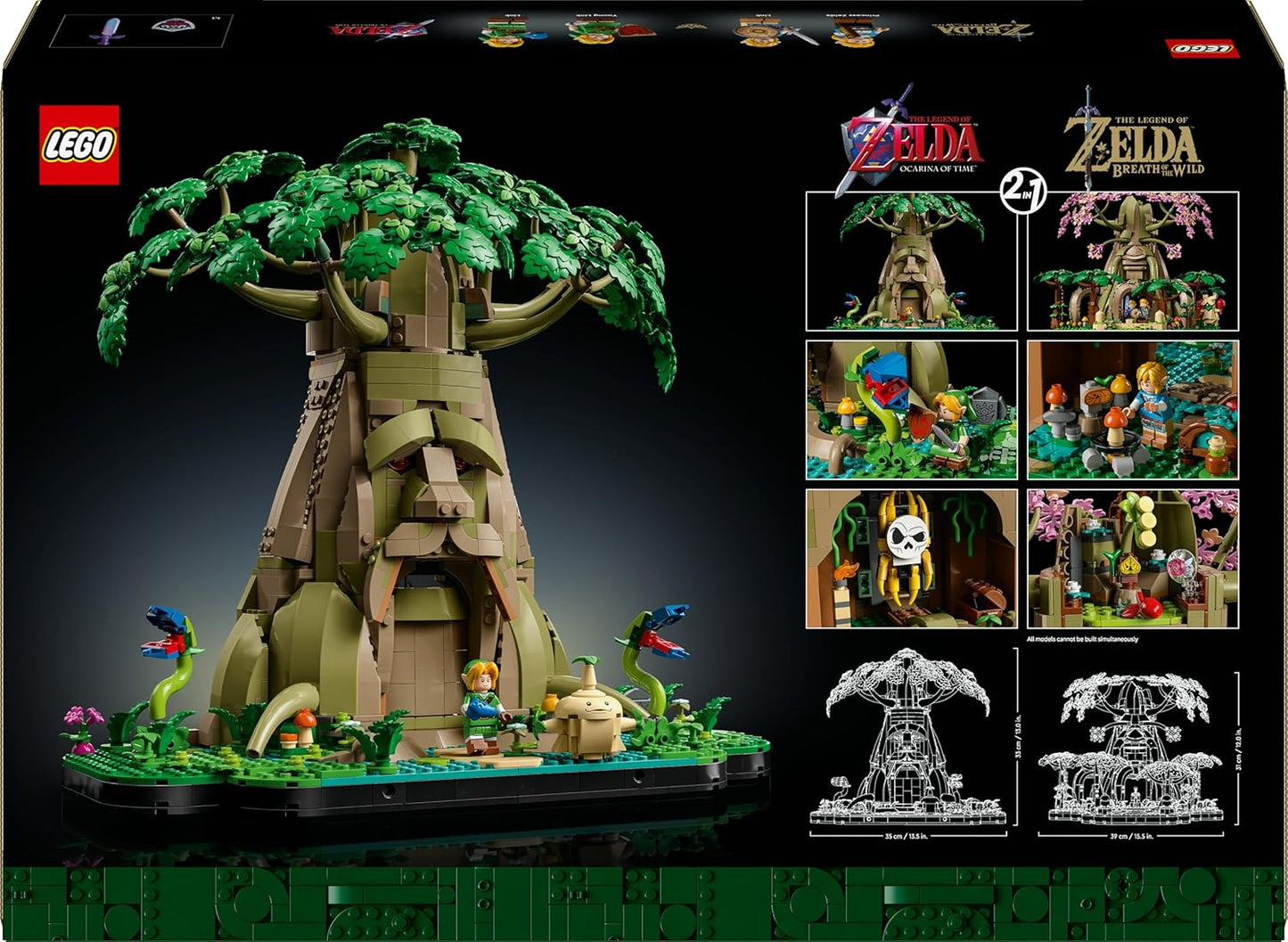 LEGO The Legend of Zelda Great Deku Tree build, featuring Link, surrounding foliage, and dual build options