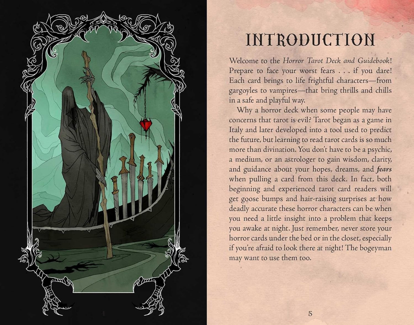 Book page: dark gothic tarot art of a hooded figure, staff, and swords in a boat, next to Introduction text