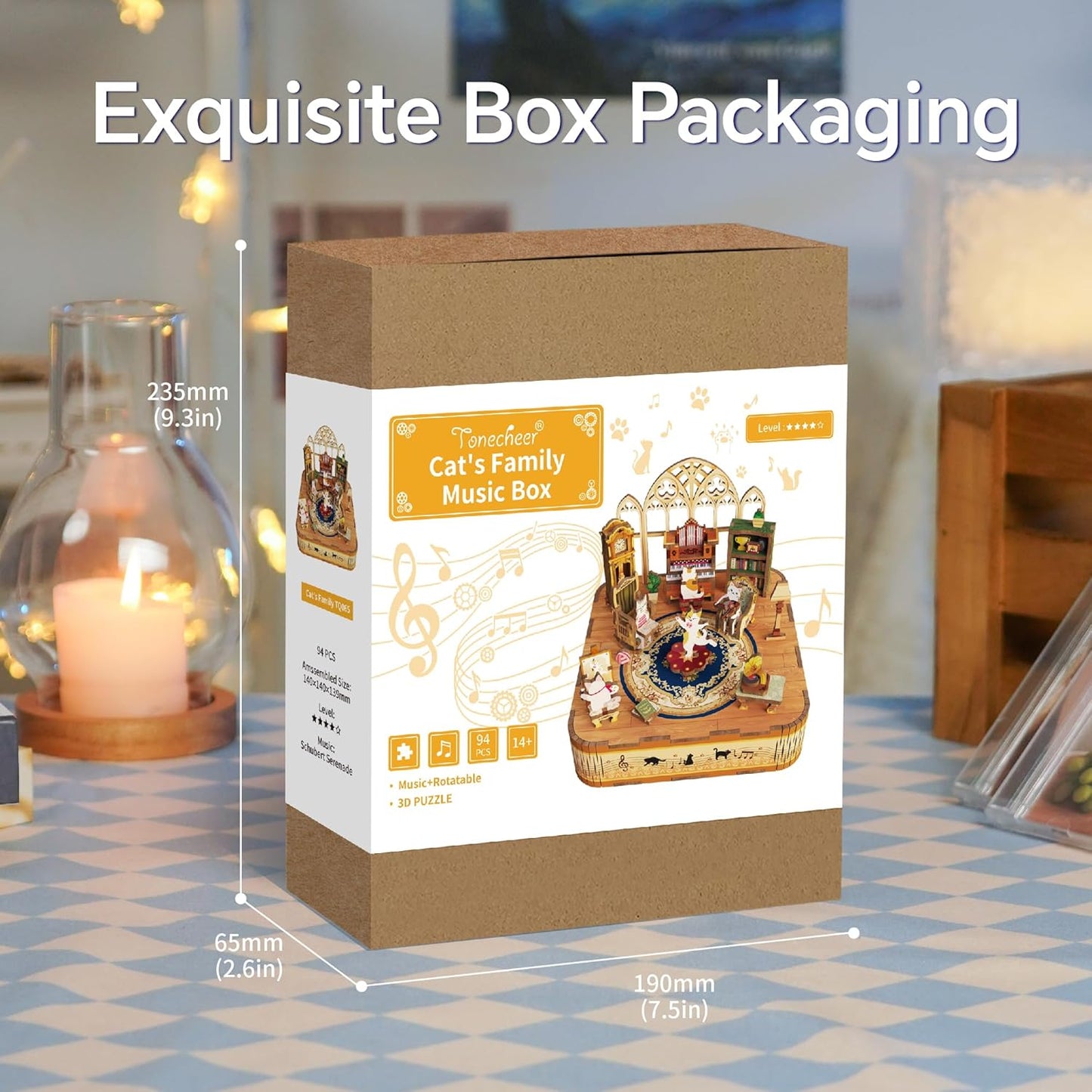 Packaging for the Cat's Family Music Box 3D puzzle, showing the assembled wooden miniature scene with cats