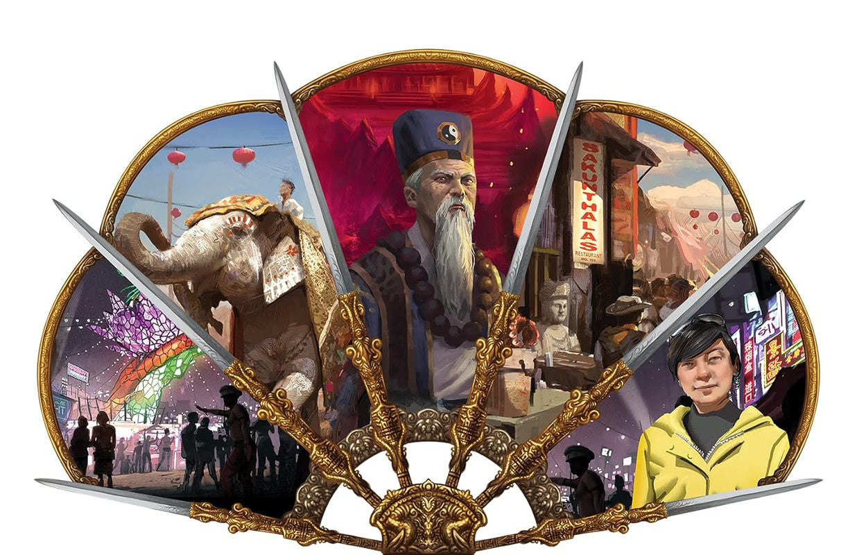 Detailed illustration of Asian culture with an elderly man in blue robes and cap an elephant with rider and diverse street scenes