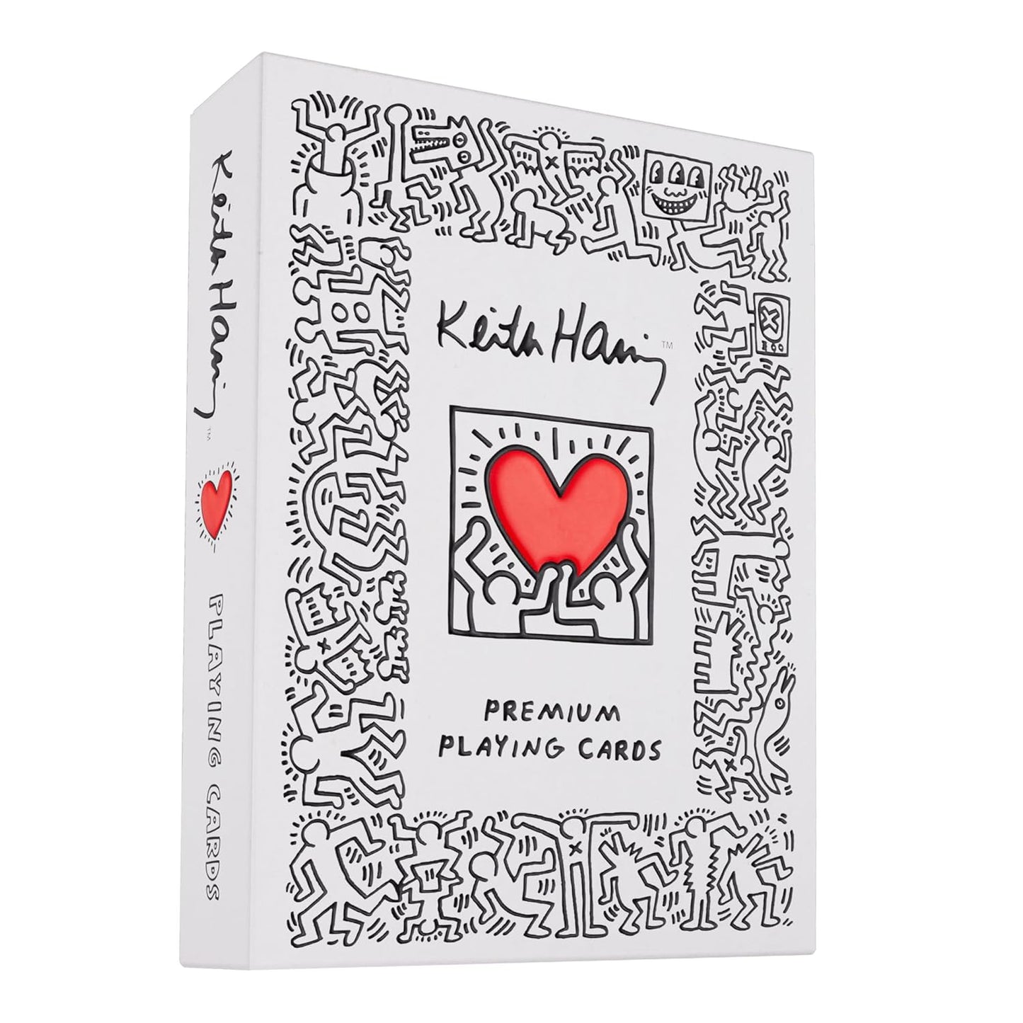 Keith Haring playing card box with black line art figures and a central red heart graphic