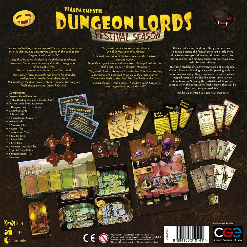 Back of the "Dungeon Lords: Festival Season" board game box, displaying game components: cards, board, and descriptive text