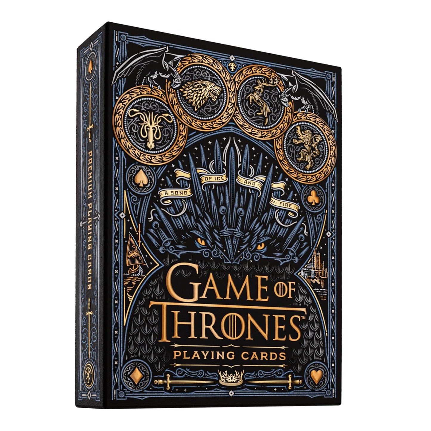 Game of Thrones premium playing cards box. Black and gold artwork depicts house sigils and swords